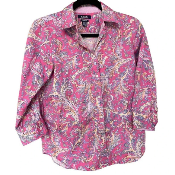 CHAPS Ralph Lauren Women's Pink No iron Paisley Dress Button Up Shirt Size Small - Picture 1 of 8